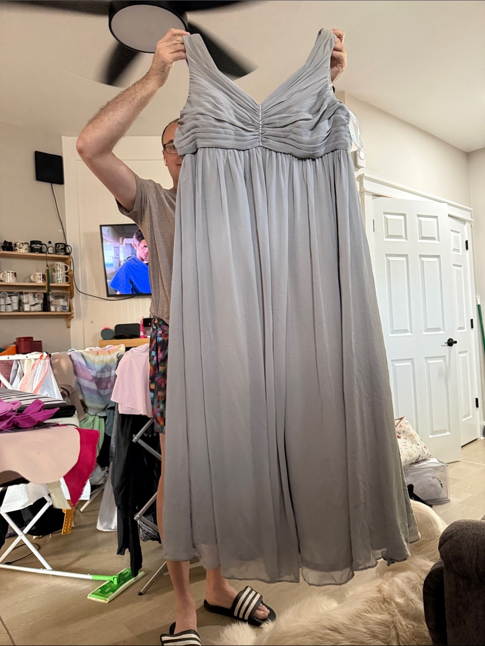 Azazie Light Gray Chiffon V-Neck Maxi Dress